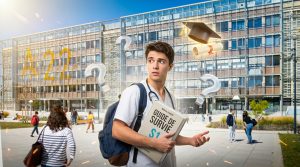 étudiant de PASS/LAS Bordeaux avec son guide de survie au S1 devant la faculté de médecine