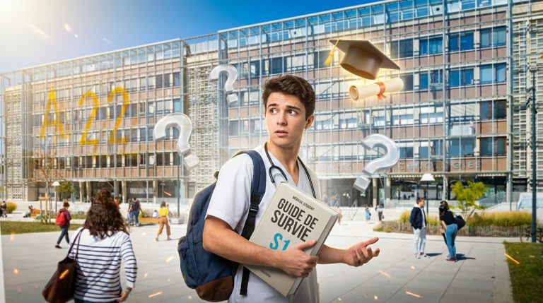 étudiant de PASS/LAS Bordeaux avec son guide de survie au S1 devant la faculté de médecine