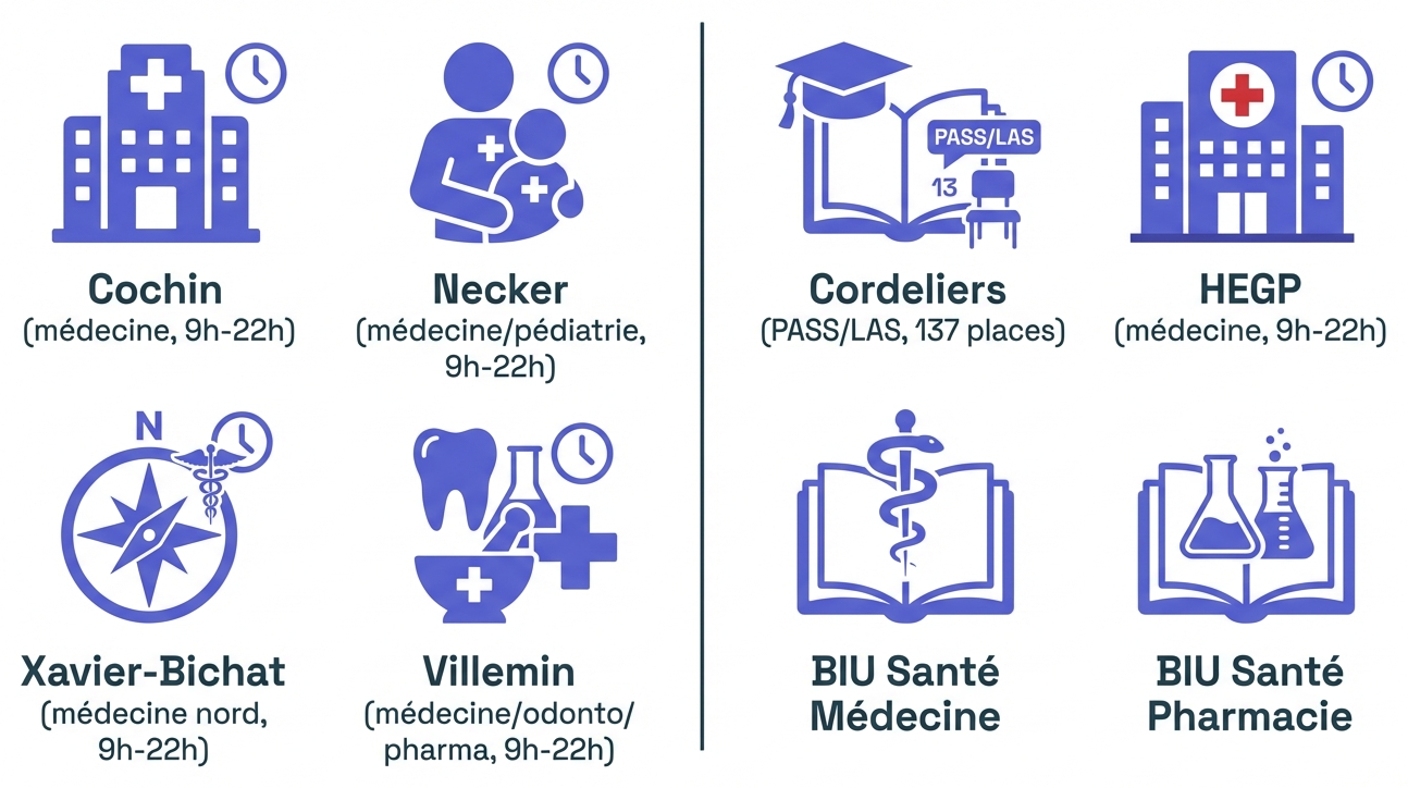 Vue d’ensemble des principaux sites BU santé utiles en PASS Paris Cité