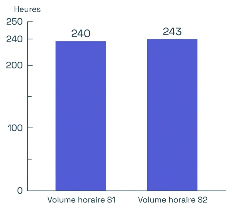Volumes horaires très proches entre S1 et S2, mais S2 ajoute la pression des oraux.