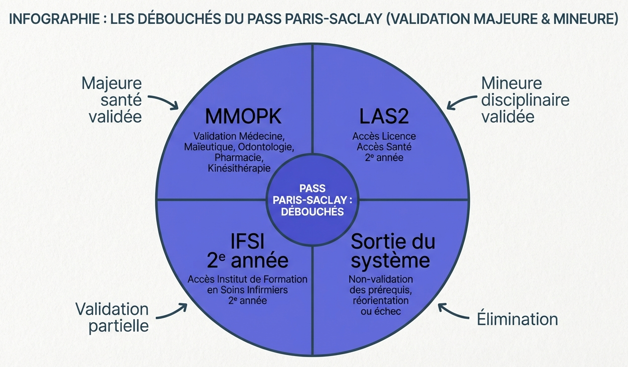 Schéma des issues possibles du PASS Paris-Saclay selon validation de la majeure et de la mineure.