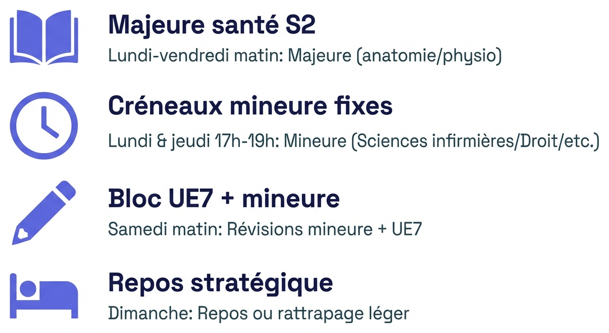 Exemple de répartition hebdomadaire S2 pour sécuriser la mineure sans sacrifier la majeure.