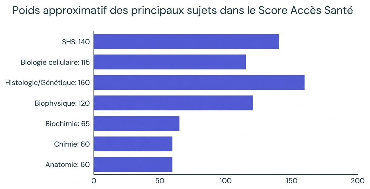 Poids approximatif des grandes matières de majeure dans le Score Accès Santé.